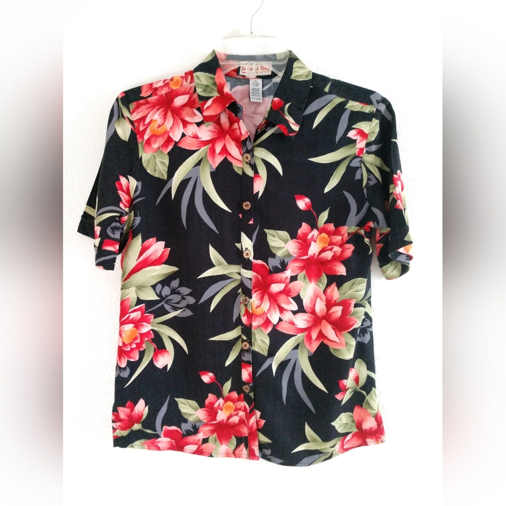 Pretty Jamaica Bay Women's Hawaiian Shirt Black Pink Size Small, Chest 32" - Picture 1 of 6
